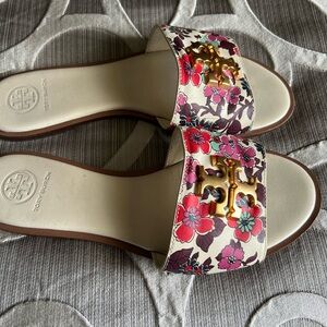 Cream background multi colored flowers Tory Burch Slides